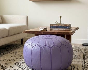 Purple Leather Pouf Authentic Moroccan Floor Cushion Unstuffed Boho Embroidered Footstool