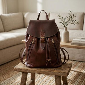 Puede incluir: Una mochila de cuero marrón con cierre de solapa y asa superior. La mochila tiene dos bolsillos delanteros con cremallera y correas ajustables. Está sobre un taburete de madera.