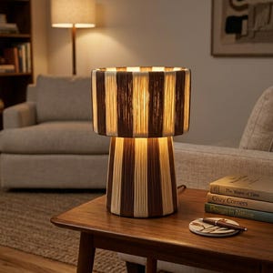 May include: A decorative table lamp with a cylindrical base and shade. The lamp has vertical stripes in brown and cream colours. The lamp is turned on, emitting a warm glow. The lamp is on a wooden table.