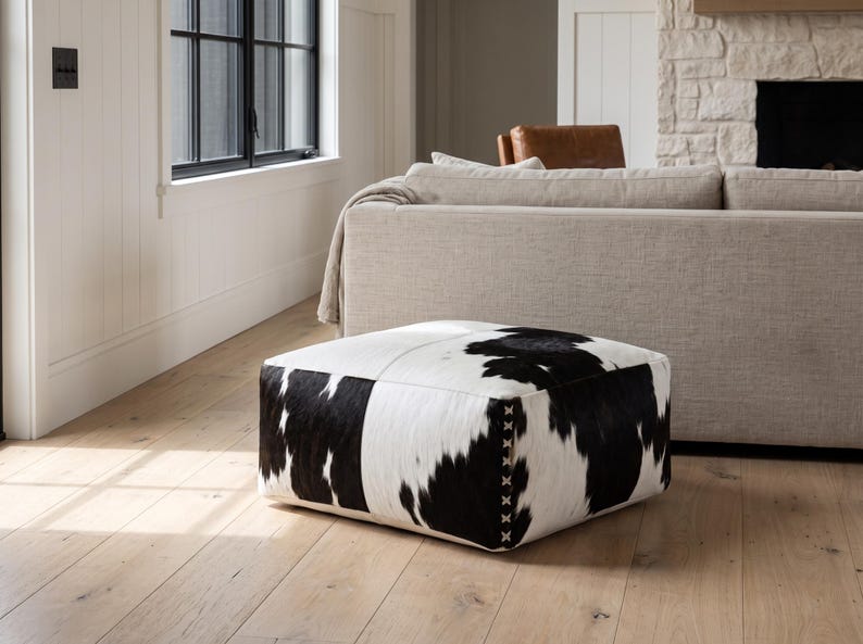 Cowhide Pouf Ottoman, Square Black and White Footstool, Handmade ...
