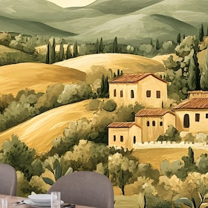 Rustic Tuscan Vineyard Landscape Wallpaper Mural – Peel and Stick Wall Décor for Warm Mediterranean Spaces