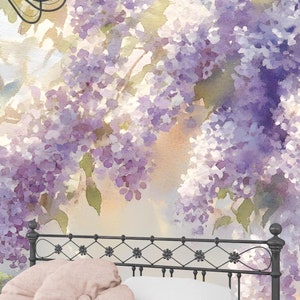 Carta da parati murale botanica con motivo floreale morbido e acquerello lilla, romantico stile cottagecore vintage da staccare e attaccare per camera da letto e soggiorno