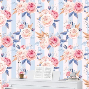 Carta da parati floreale vintage shabby chic con rose, carta da parati murale rimovibile Cottagecore Peel and Stick