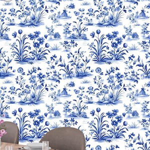 Carta da parati murale Delft Blue Peel and Stick – Design floreale vintage e mulino a vento