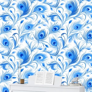 Blue Peacock Feather Wallpaper Mural: Peel and Stick Wall Decor