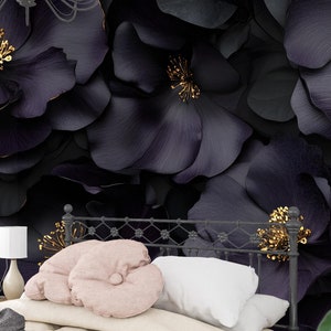 Black Floral Peel and Stick Wallpaper: Gold Accent Flower Mural