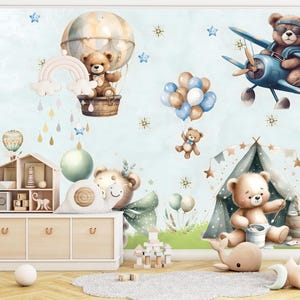 Carta da parati murale vintage con tema "orso di peluche" e avventura per la cameretta dei bambini, carta da parati staccabile e adesiva per la cameretta dei bambini con mongolfiera