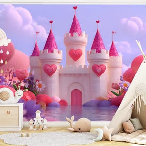 Carta da parati murale per cameretta con castello a forma di cuore rosa - Decorazione murale con principessa delle fiabe pastello, staccabile e attaccabile, decorazione da sogno per la camera da letto delle bambine