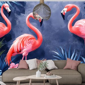 Tropical Pink Bird Flamingo Wallpaper Mural, Exotic Jungle Animal Peel and Stick or Traditional Wallpaper