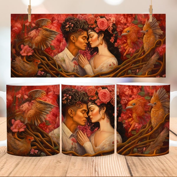 Frida Kahlo Inspired Valentine's Day Mug Wrap Templates - Lovers in Surreal Flora - Mug Wrap Templates for 11oz & 15oz Mugs