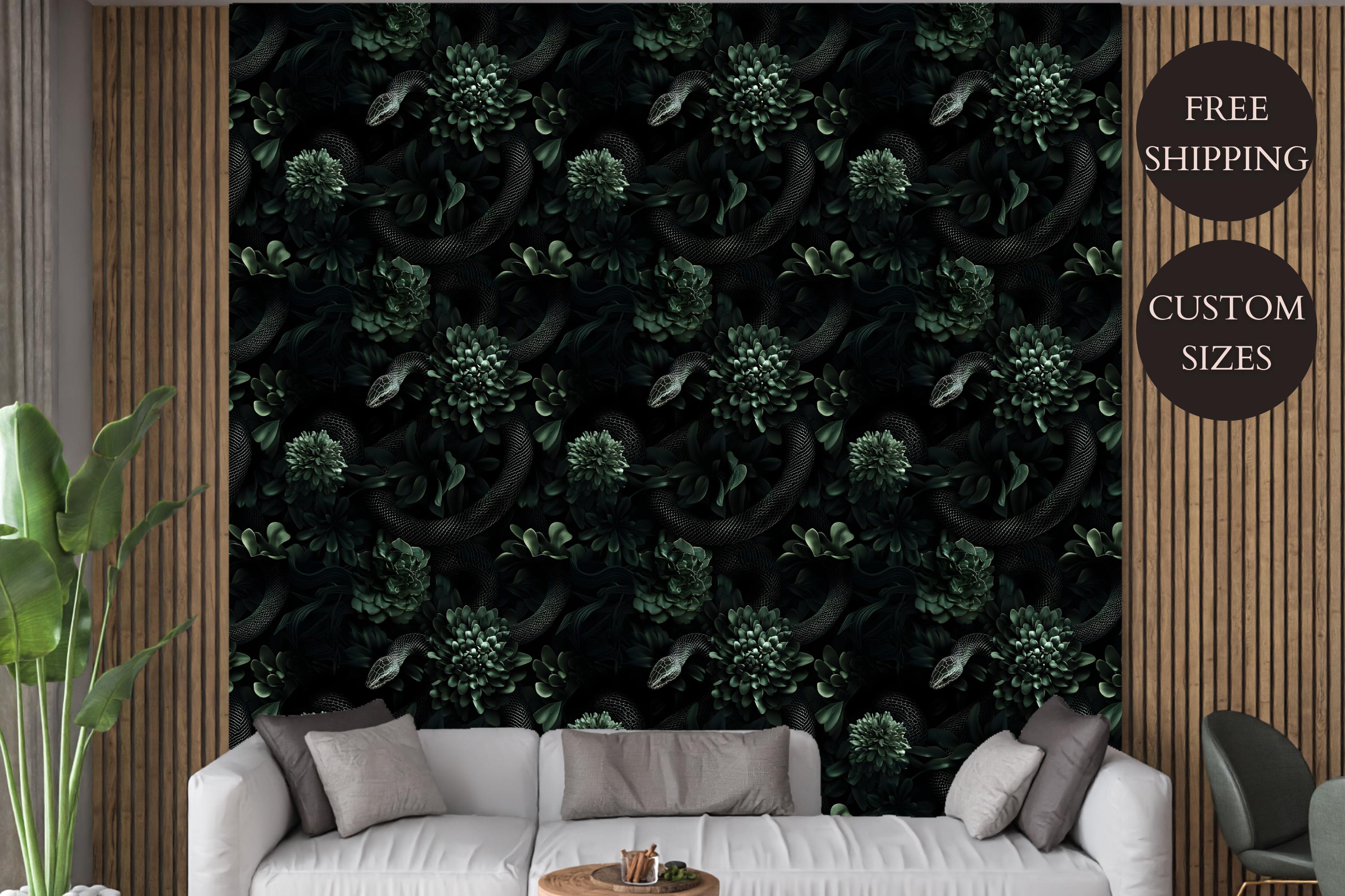 Dark Green Moody Botanical Wallpaper Mural - Snake and Succulent Design ...