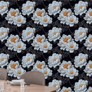 Carta da parati murale di lusso con peonie in bianco e nero, stacca e attacca la carta da parati per camera da letto o soggiorno
