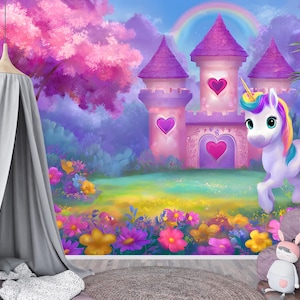 Carta da parati murale con castello di unicorno - Carta da parati per bambini con colori pastello arcobaleno, cameretta da principessa delle fiabe, staccabile e attaccabile, decorazione per la cameretta dei bambini, camera da letto per bambine fantasy