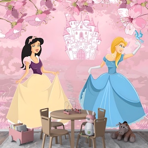 Princess Fairytale Castle Nursery Pink Wallpaper Mural– Elegant and Enchanting Design for Girls&#39; Spaces