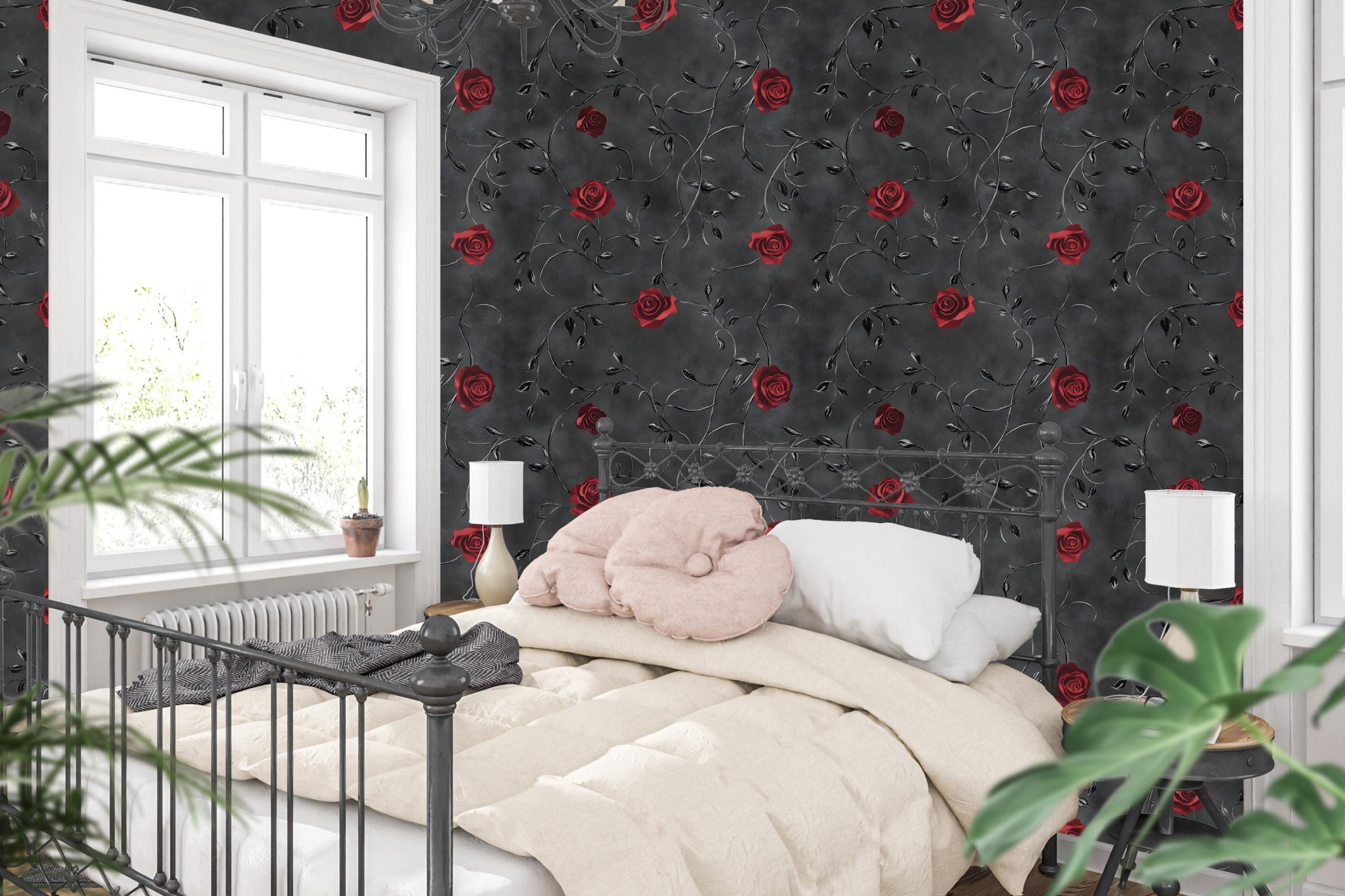 Wallpaper Dark Gothic Floral Red Rose Mural - Peel and Stick Black Vine Wall Decor for Bedrooms, Living Rooms, and Accent Walls