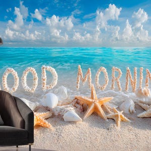 Carta da parati murale "Good Morning Beach" - Alba sull'oceano, conchiglie e stelle marine, decorazione murale costiera, camera da letto tropicale, decorazione moderna costiera
