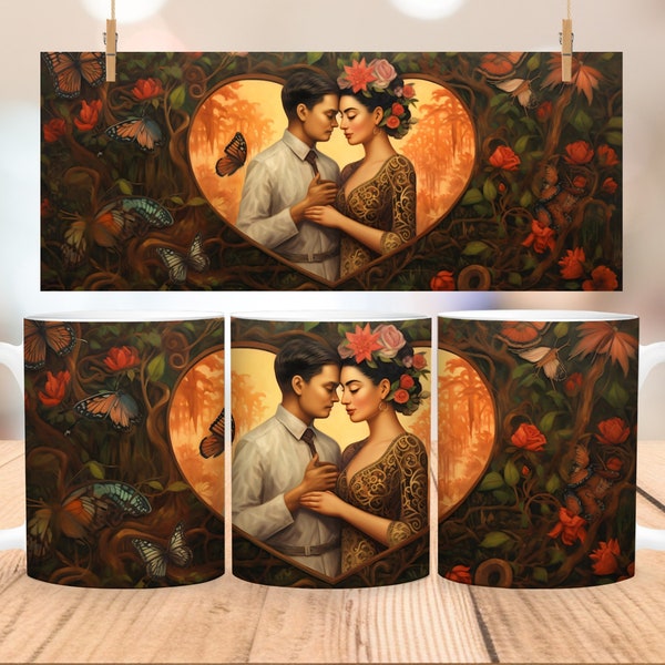 Frida Kahlo Inspired Valentine's Day Mug Wrap Templates - Lovers in Surreal Flora - Mug Wrap Templates for 11oz & 15oz Mugs