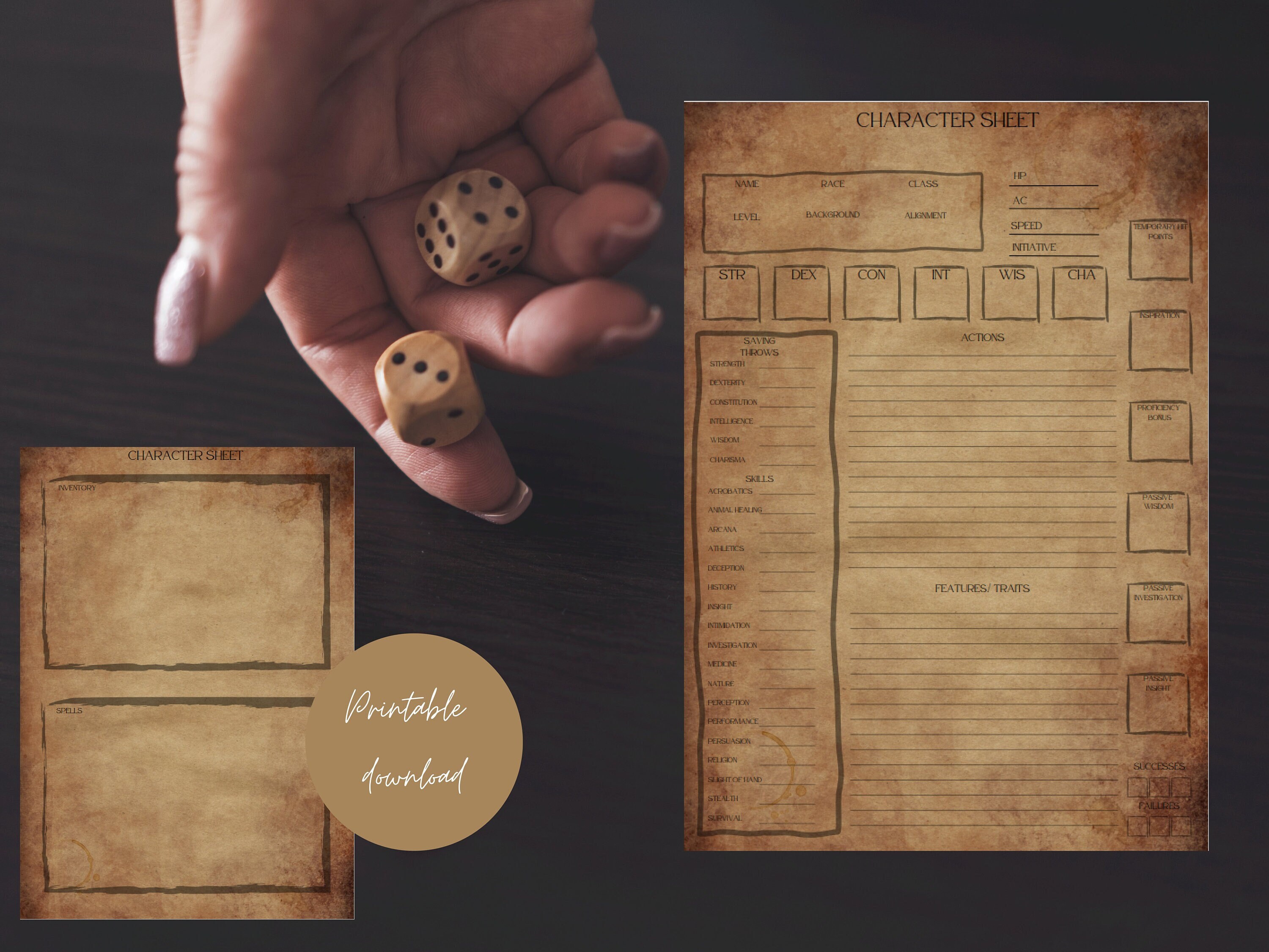 Printable Dnd 5e Parchment Paper Inspired Character Sheet Etsy