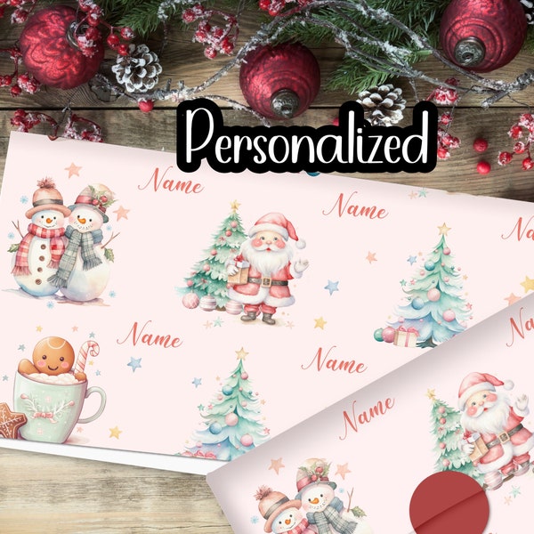 Personalized Retro Pastel Pink Christmas Gift Wrap, Custom Name Wrapping Paper, Vinatge Inspired Christmas Paper, Santa Xmas Paper Rolls