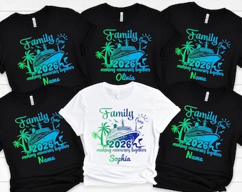 May include: A collection of black and white t-shirts with a cruise ship design. The shirts feature the words "Family Cruise 2026" and "making memories together" with a name below. One white shirt is also included.