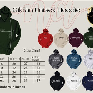The image is a size chart for a Gildan Unisex Hoodie, displaying various color options and corresponding measurements.