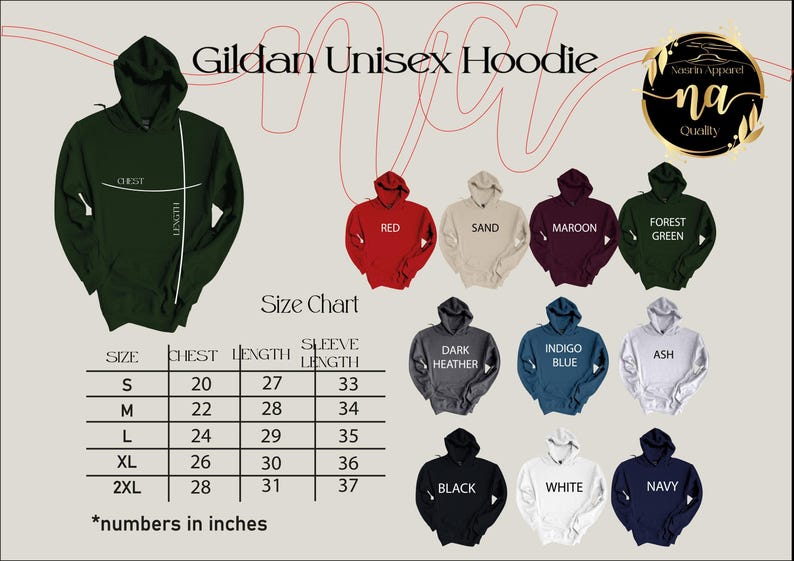 The image is a size chart for a Gildan Unisex Hoodie, displaying various color options and corresponding measurements.