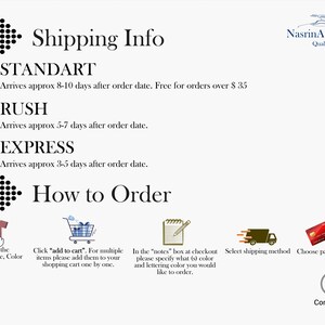 The image is a shipping information graphic that provides details on how to order online. It includes icons for selecting the design, size, and color of the item, adding items to a shopping cart, and choosing a shipping method and payment option. The image also includes a completed checkmark, indicating that the order has been successfully placed.