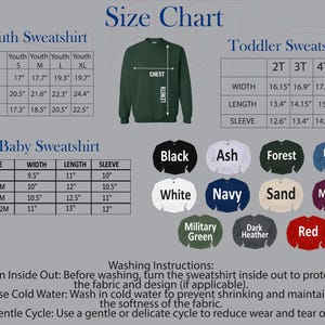 The image is a size chart for various types of sweatshirts, including a youth sweatshirt, a toddler sweatshirt, and a baby sweatshirt. It provides measurements for the chest, waist, and sleeve sizes, as well as color options for each age group. The chart also includes washing instructions for the different types of sweatshirts.