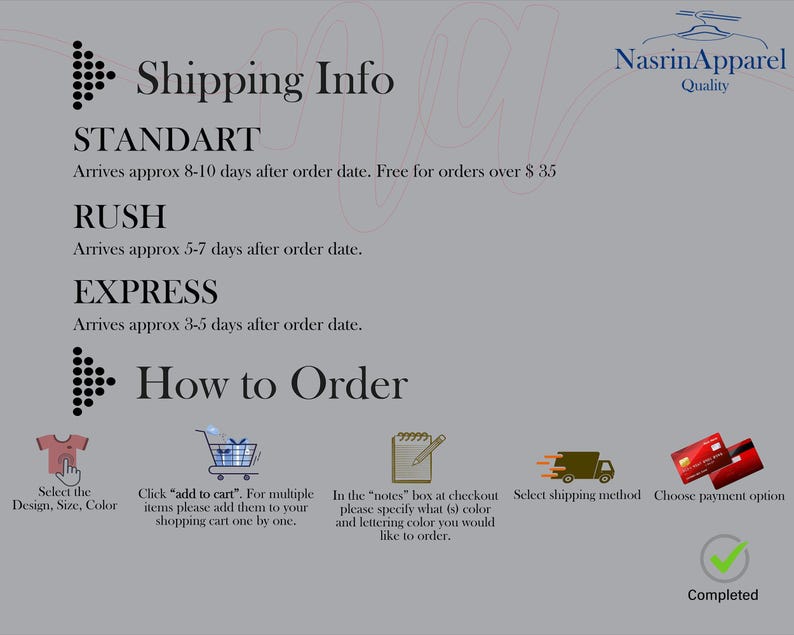 The image is a shipping information graphic that provides instructions on how to order online. It includes icons for selecting a design, adding items to a cart, choosing a shipping method, and selecting a payment option. The image also includes a "How to Order" button that allows the user to navigate through the steps. The image is completed, indicating that it has been processed.