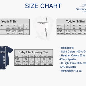 a size chart for a variety of clothing items, including a youth T-shirt, a toddler T-shirt, and a baby infant jersey tee. The chart provides measurements for different age groups, such as XS, S, M, L, XL, and XXL, as well as the corresponding widths and lengths of the shirts. The chart also includes a relaxed fit description for the baby infant jersey tee, highlighting its solid colors, 92% cotton, and lightweight 4.2 oz.