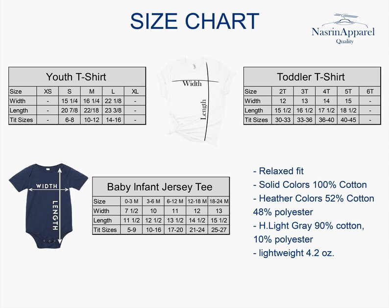 a size chart for a variety of clothing items, including a youth T-shirt, a toddler T-shirt, and a baby infant jersey tee. The chart provides measurements for different age groups, such as XS, S, M, L, XL, and XXL, as well as the corresponding widths and lengths of the shirts. The chart also includes a relaxed fit description for the baby infant jersey tee, highlighting its solid colors, 92% cotton, and lightweight 4.2 oz.