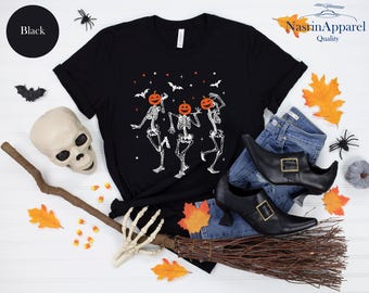 Dancing Skeleton Pumpkin Halloween Tee: Retro Spooky Season Shirt