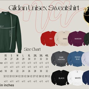 The image is a size chart for a Gildan Unisex Sweatshirt, displaying various color options and corresponding measurements.
