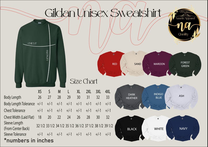 The image is a size chart for a Gildan Unisex Sweatshirt, displaying various color options and corresponding measurements.