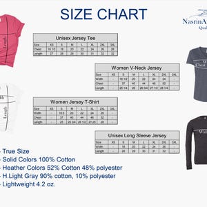 The image is a size chart for various clothing items, including a red shirt, a women's v-neck t-shirt, a women's jersey t-shirt, a women's long sleeve t-shirt, and a women's long sleeve jersey. The chart provides measurements for each item, such as chest size, waist size, and length, as well as the true size for each item.
