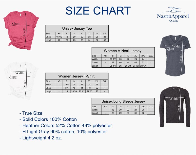 The image is a size chart for various clothing items, including a red shirt, a women's v-neck t-shirt, a women's jersey t-shirt, a women's long sleeve t-shirt, and a women's long sleeve jersey. The chart provides measurements for each item, such as chest size, waist size, and length, as well as the true size for each item.