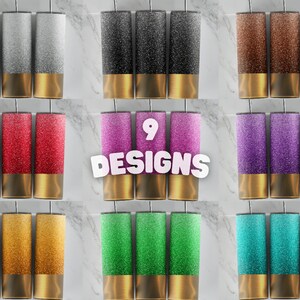 May include: Nine different glitter tumbler designs with gold accents. The tumblers are arranged in three rows of three. The colours are silver, black, brown, red, purple, gold, green, and blue.