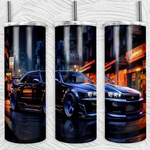 May include: A blue and black Nissan Skyline R34 sports car with a city backdrop. The car is parked on a street with buildings and streetlights. The car has a black spoiler and black wheels. The car is a popular model for car enthusiasts.