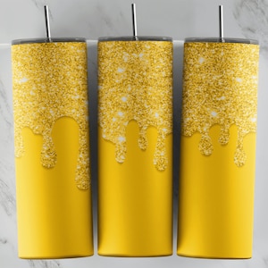 Gelber Glitzer Drip Tumbler Wrap | 20oz Becher PNG | Sublimations Design Becher | Coole Neuheit | Grafikvorlage | Personalisierte süße Tasse