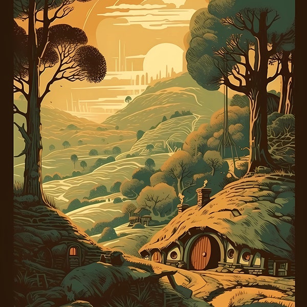 The Shire Sunrise - Digital Print, Lord of the Rings Art, Frodo's House Illustration, Orange, Yellow, Green Landscape, High Resolution