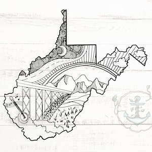 May include: Black and white line art illustration of the state of West Virginia. The illustration includes a banjo, a bridge, mountains, and a starry night sky.