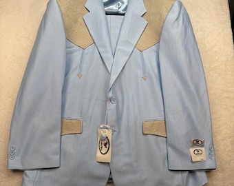 Vintage Western Suit Set Mens 48R 38 Light Blue Cowboy Rodeo Ranch Deadstock