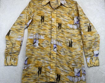 Camisa disco vintage de los años 70 de Baymart para hombre, talla M, estampado abstracto, cuello de punta, estilo mod.