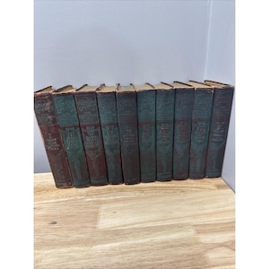 Antique Junior Classics 1918 Book Set of 10 • Green Leather Look • Old Money Library Decor • Dark Academia Bookshelf Styling