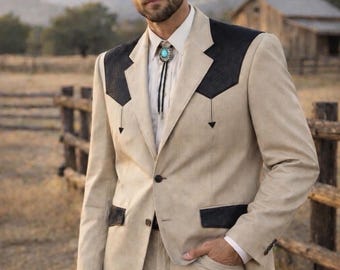 Vintage Western Suit Mens 44R 36 Beige Black Rockabilly Deadstock Set