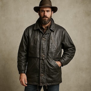 May include: A dark brown leather jacket with a matching brown hat. The jacket has a button-up front, multiple pockets, and a drawstring waist. The person is wearing blue jeans and a brown shirt.