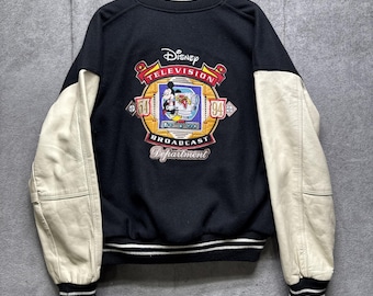 ヴィンテージ 1994 ディズニー バーシティ ジャケット ミッキーマウス 小さなレザースリーブ テレビ放送