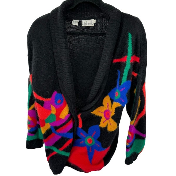 Vintage Rafaella Angora Lambs Wool Sweater Cardigan Black Jewel Tone Floral Large 80s