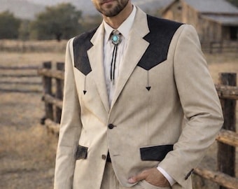 Vintage Western Suit Mens 48R 40 Beige Black Rockabilly Cowboy Set Deadstock