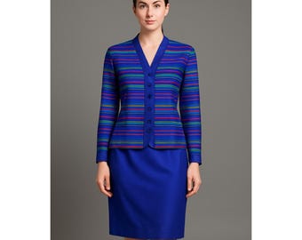 Vintage Adrianna Papell jaren 90 zijden gestreepte blazer en blauwe kokerrok, pak 2 stuks